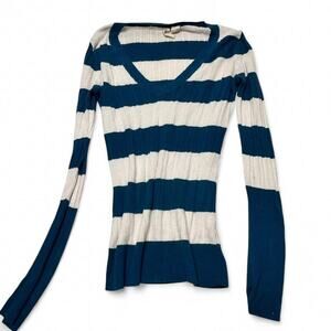 Blue & White Striped Vintage Sweater Like Fitted Long Sleeve Size M 100% Cotton